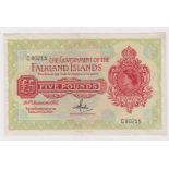 Falkland Islands 5 Pounds dated 30th January 1975, portrait Queen Elizabeth II at right, serial