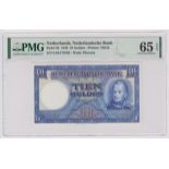 Netherlands 10 Gulden dated 4th March 1949, serial 5AR 172530 (Pick83) in PMG holder graded 65 EPQ