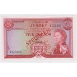 Jersey 5 Pounds SPECIMEN note, issued 1963 signed Padgham, Queen Elizabeth II portrait, serial