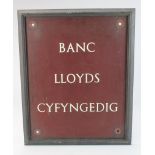 Banc Lloyds Cyfyngedig Welsh Lloyds Bank sign, white enamel lettering on very heavy metal, approx.
