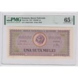 Romania 100,000 Lei dated 25th January 1947, serial T.0042 0740 (TBB B238a, Pick59a) in PMG holder