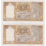 Algeria 1000 Francs (2) dated 27th January 1954 & 16th February 1954, serial B.1298742 & H.