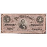 Confederate States of America 50 Dollars dated 17th February 1864, serial No. 86844 Plate A (Pick70)