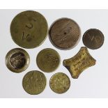 Coin Weights and Apothecary Weights (8) brass: 17th/18thC to early 20thC assortment including a