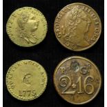 Coin Weights (2) brass: George III portrait Quarter Guinea weight 1775 GVF, and portrait Half Guinea