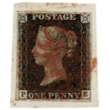 GB - 1840 Penny Black Plate 1b (P-E) four margins, tied to small piece. Good used, cat £375