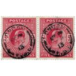 GB - EDVII 5s carmine horizontal pair, SG318, neat London cds to both stamps, good colour and perfs,