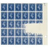 GB - GVI SG504var, 1951 1d light ultramarine block with spectacular dry print error that affects six