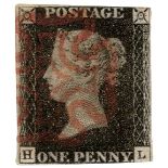 GB - 1840 Penny Black Plate 5 (H-L) two margins, no thins or creases. Fair used, cat £375