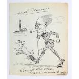 George Cooke pen / ink caricature self portrait of him walking his dog with Blackpool Tower in the