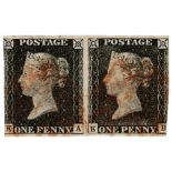 GB - 1840 Penny Black PAIR Plate 4 (KA-KB) no thins or creases, small cut at base, margin between