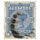 GB - 1883/4 QV 10/- pale ultramarine, SG183a white paper, large anchor wmk. Part heavy cancel. (D-