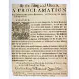 Proclamation. An original proclamation document, dated 1689, by King William & Queen Mary,