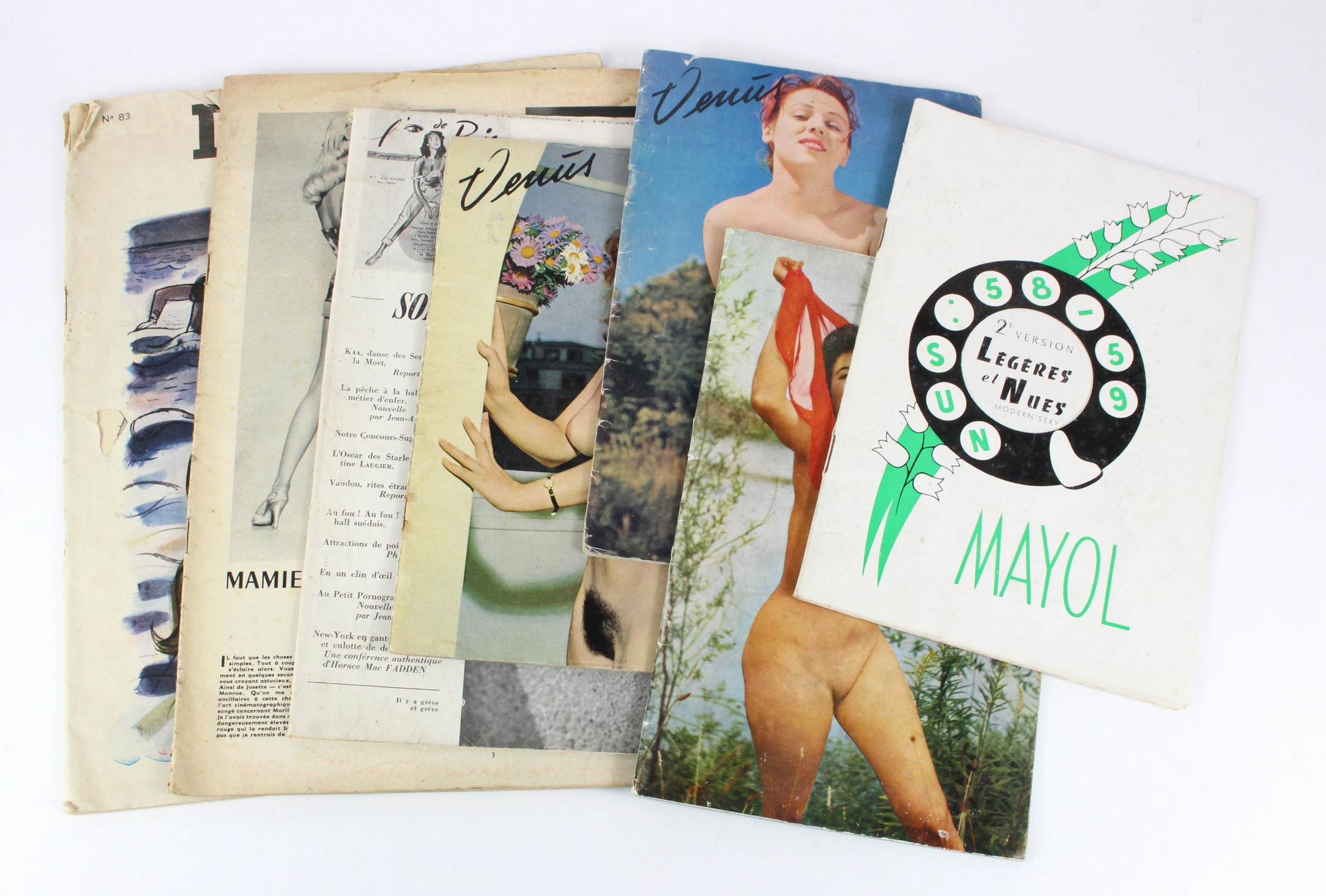 Adult collection of French magazines, some mixed condition, noted 2nd version Legenes et nues (1958)