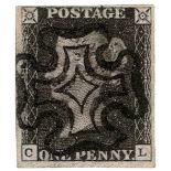 GB - 1840 Penny Black Plate 8 (C-L) four margins, good strike black MX, small hinge thin. Good used,