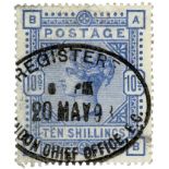 GB - 1883/4 QV 10/- ultramarine, SG183, white paper, large anchor wmk. Cancelled with Registered