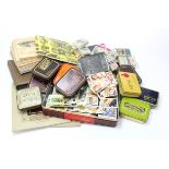Box of various old cigarette / trade / tea cards in albums, loose in tins, old cigarette packets,