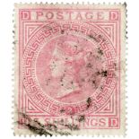 GB - 1874 QV 5/- pale rose, Plate 2 (D-D) SG127, light bared cancel, good perfs and centring, cat £