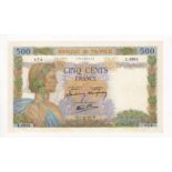 France 500 Francs dated 1st October 1942, serial L.6964 474 (Pick95b) about EF