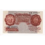 Peppiatt 10 Shillings issued 1948 with security thread, very scarce LAST RUN '91E' prefix, serial