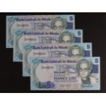 Malta 5 Pounds Liri (4) dated Law 1967 issued 1986, a consecutively numbered run of 4 notes,