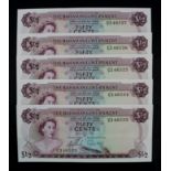 Bahamas 50 Cents (1/2 Dollar) dated Law 1965 (5), a consecutively numbered run of 5 notes, serial