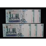 Malaysia 50 Ringgit (5) issued 2001, a consecutively numbered run of REPLACEMENT notes, serial ZE