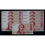 Croatia 50,000 Dinara (9) dated 30th May 1993, a consecutively numbered run of 9 notes 'Z' prefix,