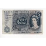 Fforde 5 Pounds issued 1967, very rare FIRST RUN '01A' prefix, serial 01A 482818 (B314, Pick375b)