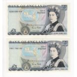 Gill 5 Pounds (2) issued 1988, FIRST RUN 'RD01' prefix and LAST RUN (from Debden set C100) 'SE90'