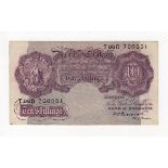 Peppiatt 10 Shillings issued 1940, mauve WW2 emergency issue, scarce REPLACEMENT note, serial T08D