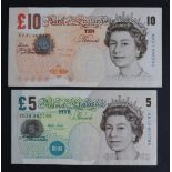 Lowther (2), Experimental pair, 10 Pounds and 5 Pounds EXPERIMENTAL notes, serial MH21 998234 and