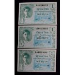 Thailand 1 Baht (3) issued 1946, a consecutively numbered run, Block 42, serial A88810867B -