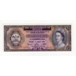 Belize 2 Dollars dated 1st June 1975, Queen Elizabeth II portrait at right, serial B/1 249911 (TBB