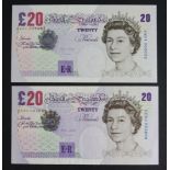 Lowther 20 Pounds (2) issued 1999, rare FIRST RUN 'AA01' prefix and LAST RUN 'DE80' prefix, serial