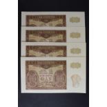 Poland 100 Zlotych (4) dated 1st March 1940, a consecutively numbered run of 4 notes Series B,