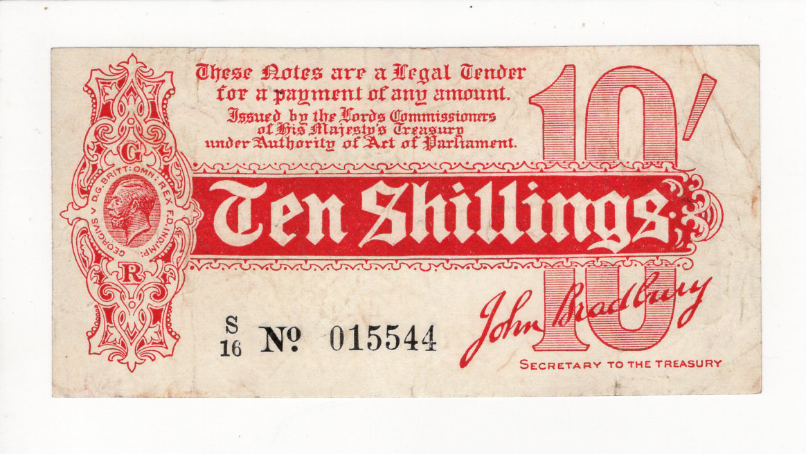 Bradbury 10 Shillings issued 1914, serial S/16 015544, No. with dot (T8, Pick346) small edge nick,