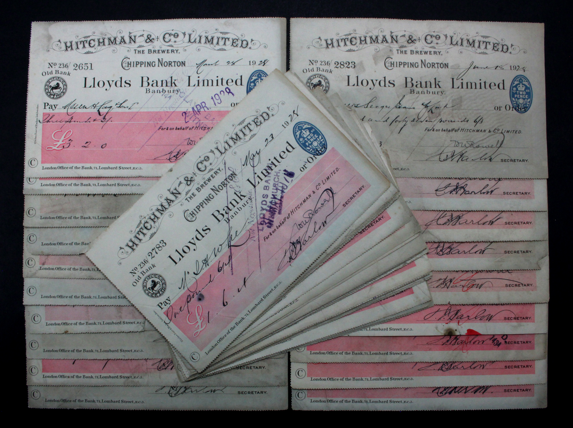 Cheques (46), a bundle of large Lloyds Bank Limited cheques, all Hitchman & Co. Limited, The