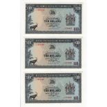 Rhodesia 10 Dollars (3) dated 2nd January 1979, serial J/67 094426, J/67 094428 & J/67 094430 (TBB