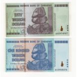 Zimbabwe (2), 100 Trillion Dollars & 50 Trillion Dollars dated 2008, the two highest denominations