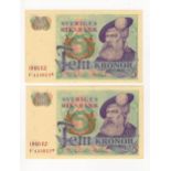 Sweden 5 Kronor (2) dated 1966, a consecutively numbered pair of REPLACEMENT notes (*) suffix,