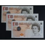 Lowther 10 Pounds (3) issued 2000, rare FIRST RUN, MID RUN and LAST RUN Column Sort notes, serial