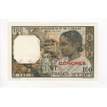 Comores 100 Francs issued 1960 - 1963, red horizontal 'COMORES' overprint, serial Z.2967 039 (TBB