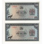 Rhodesia 10 Dollars (2) dated 19th November 1975, serial J/32 549768 & J/32 549721 (TBB B110h,