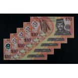 Brunei 10 Ringgit (5) dated 1998, a consecutively numbered run of 5 notes, serial C/9 553209 - C/9