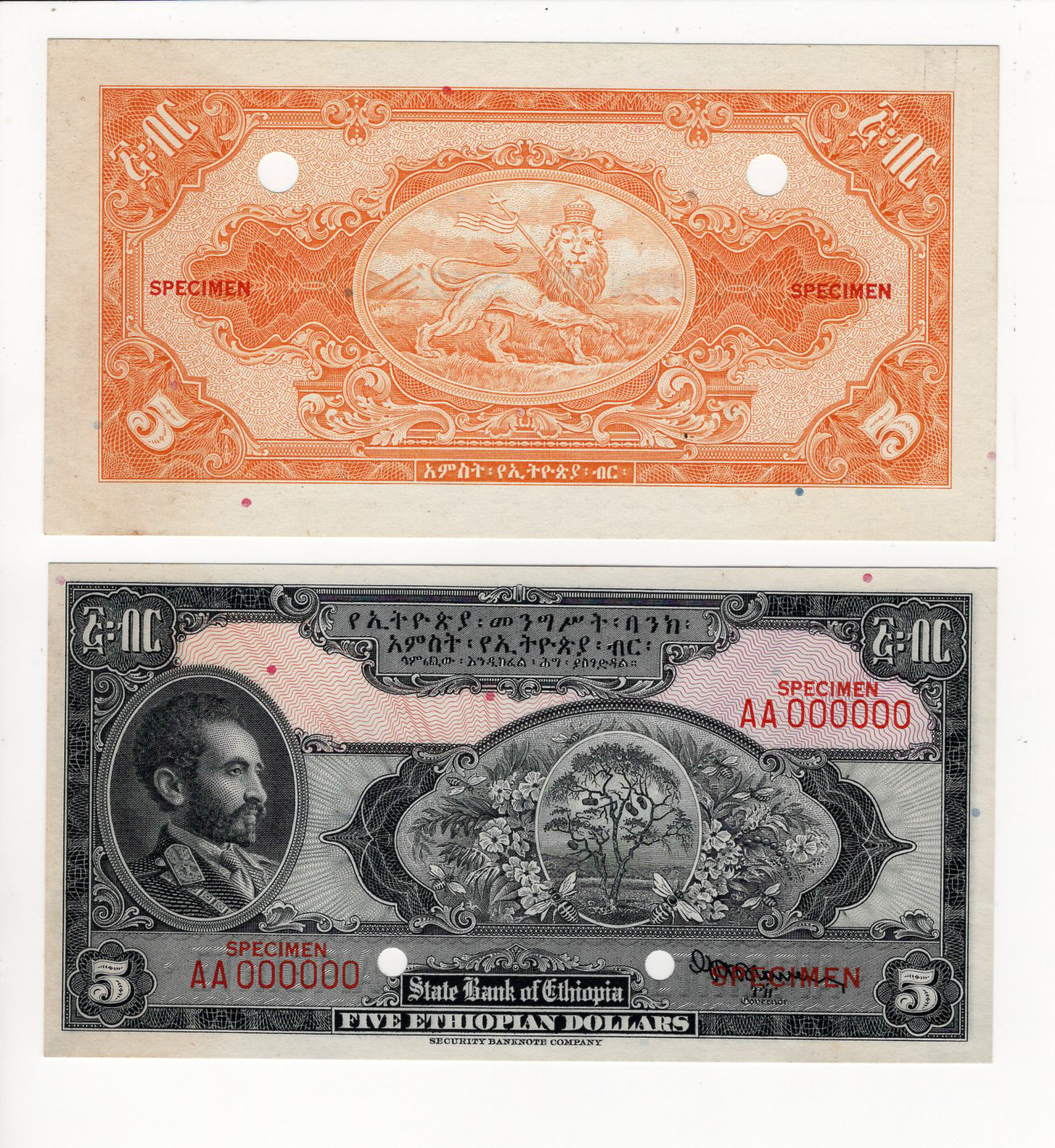 Ethiopia 5 Dollars (2) a set of obverse and reverse SPECIMEN notes for the 1945 issue, two