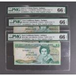 East Caribbean 5 Dollars (3) issued 1988 - 1993, Suffix 'A' for Antigua, serial B269163A, B269447A &