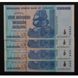 Zimbabwe 100 Trillion Dollars (4) dated 2008, the highest denomination issued and very