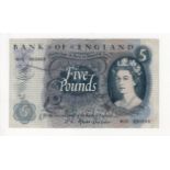 Fforde 5 Pounds issued 1967, rare FIRST RUN REPLACEMENT note 'M08' prefix, serial M08 843665 (