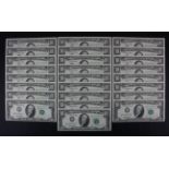 USA 10 Dollars (25) dated series 1995, a consecutively numbered run, serial B01308001E -